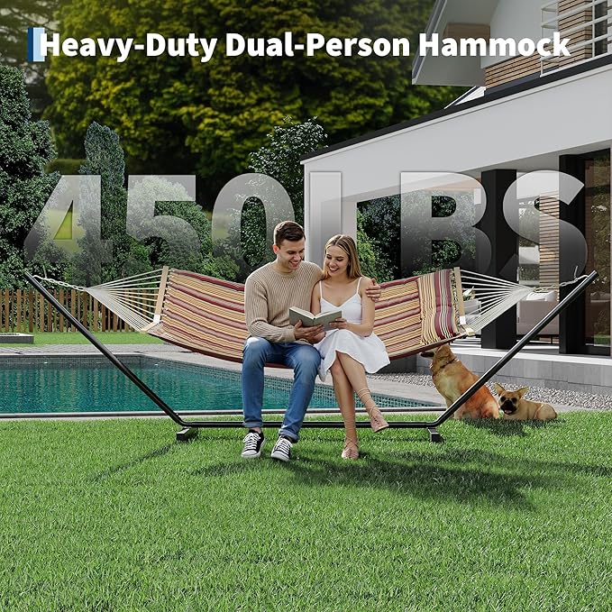Portable 2 Person Double Hammock with Sturdy Heavy-Duty Steel Stand – 450LBS Max Load, Quick & Effortless Assembly, Perfect for Indoor Living, Yard, Patio & Camping Trips