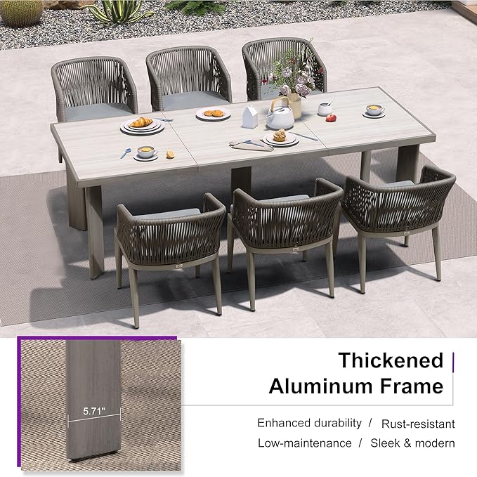 PURPLE LEAF 7 Pieces Outdoor Dining Set Patio Table and Chairs Set for 6 Aluminum Wicker Rattan Patio Furniture Set for Lawn Garden Porch Grey with Counter Stools
