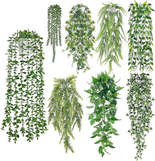 Der Rose 8Pcs Fake Plants Hanging Artificial Ivy Vine Faux Eucalyptus Hanging Plants for Home Boho Wall Shelf Indoor Outdoor Decor (White Pots)
