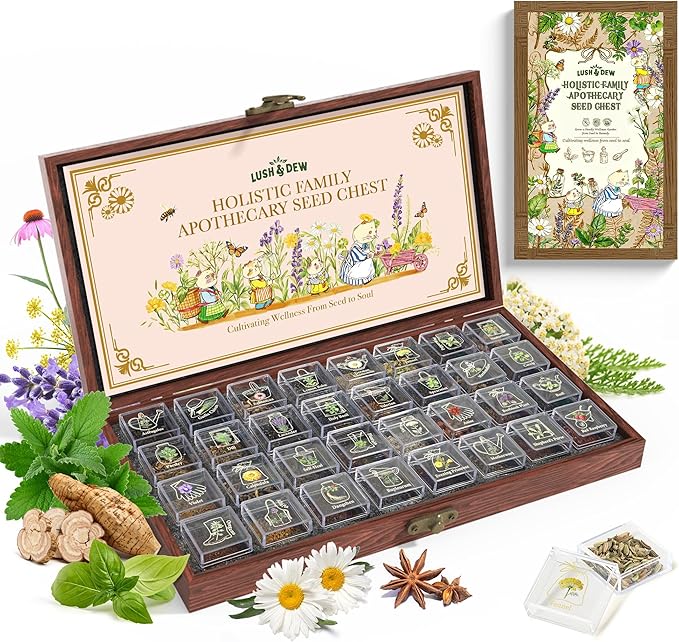 Lush&Dew Holistic Family Apothecary Seed Chest, 30,000+ Medicinal Herb Survival Seed Kit, Gardening Gifts for Women Men, 32 Varieties Heirloom Non-GMO Culinary Herb Seeds for Raised Bed Windowsill