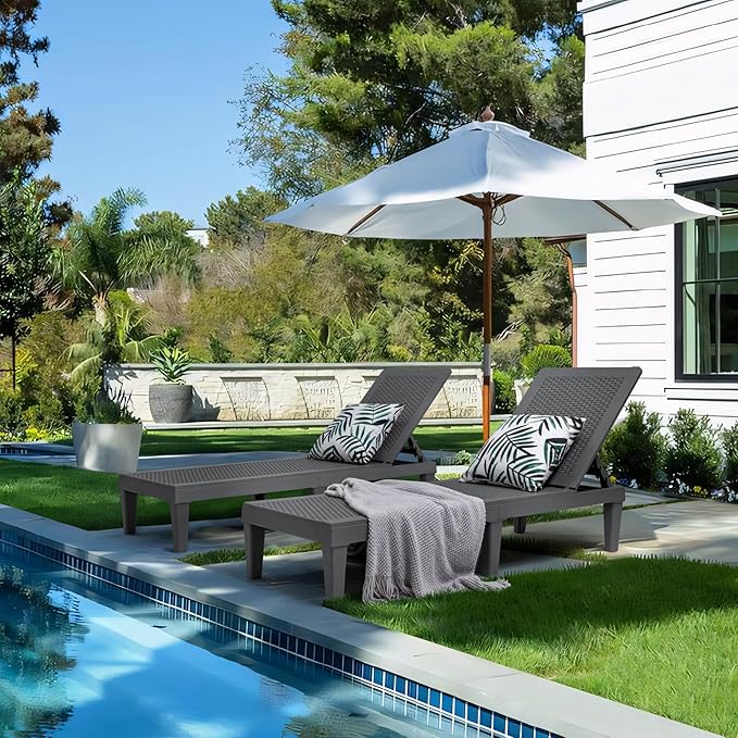 Greesum Outdoor Chaise Lounge Chairs Set of 2 with 5-Position Adjustable Backrest, Waterproof PP Sun Chaise Loungers for Garden Pool Beach Patio Deck Sunbathing, Grey