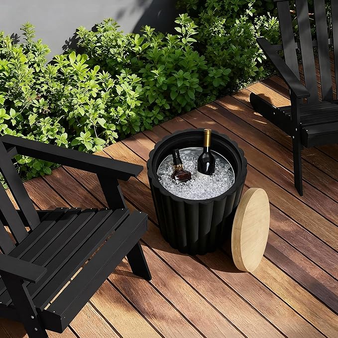 LuxenHome 20" Black Outdoor Side Table with Storage, Fluted Outdoor End Table with Metal Ice Bucket for Patio, Outside Accent Table for Balcony, Garden, Yard