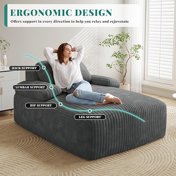 YITAHOME 67"L x 55"W Chaise Lounge Chair Indoor, Oversized Corduroy Upholstered Boneless Sofa Bed, Deep-Seat Sleeper Couch, Reading Chair, Cloud Sofa Couch for Living Room, No Assembly Required, Grey