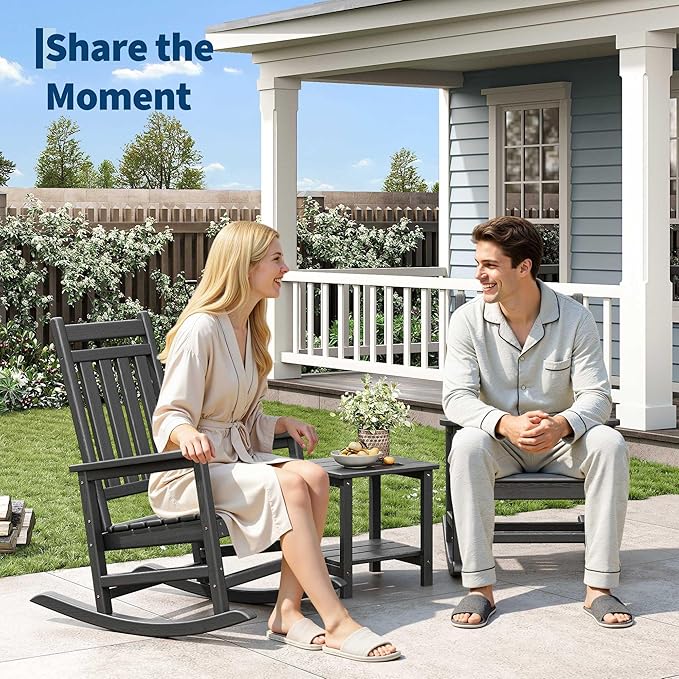HDPE Rocking Chair Outdoor- Poly High Back Porch Rocker Chairs for Adults - All Weather Resistant Furniture for Patio Front Porch - Black