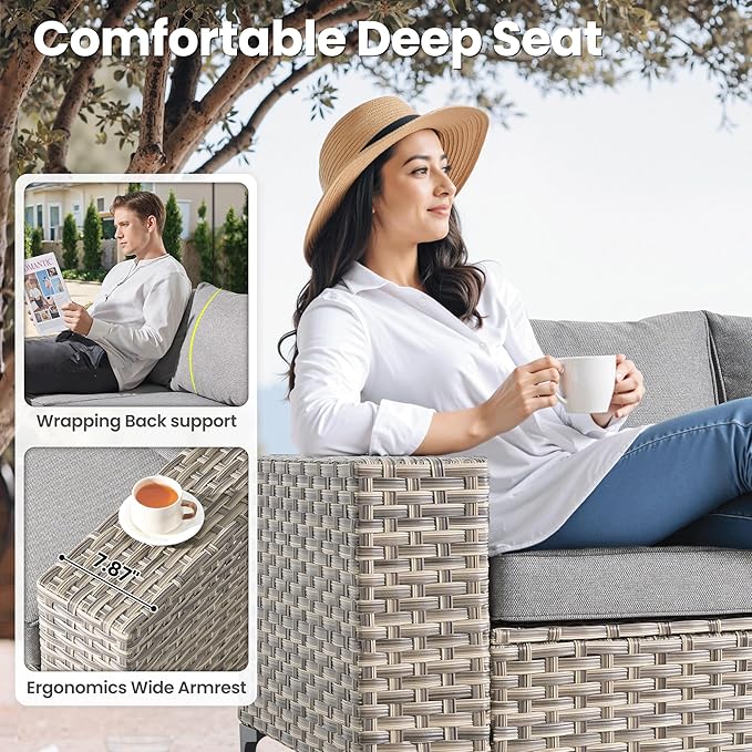 ovios 4-Piece Patio Furniture Set with L-Shape Sofa Chaise, Outdoor Sectional Couch Comfy Cushions, Modern Modular Wicker Rattan Conversation Set, Dark Grey
