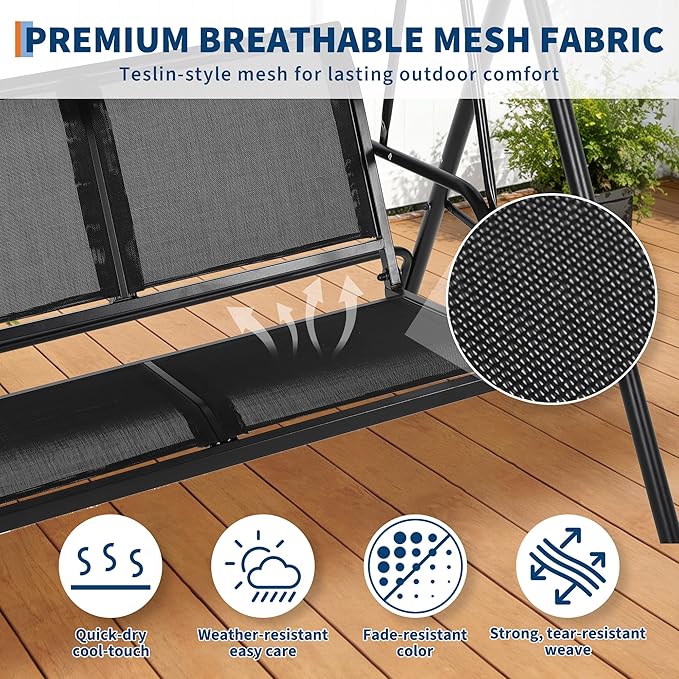 2-Seat Outdoor Patio Porch Swing with Stand, Waterproof Textilene & Adjustable Canopy, Steel Frame Swing Outdoor Chair for Backyard, Front Porch, Lawn, Garden