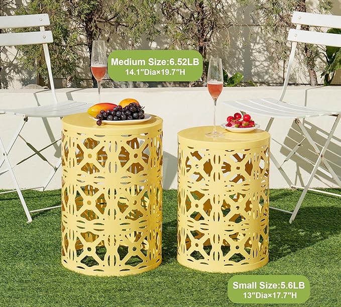 HFHOME Set of 3 Metal Outdoor Side Table, Nesting Round Coffee Table for Indoor Outdoor, Heavy Duty End Tables Plant Stand Living Room Garden Stool - Yellow