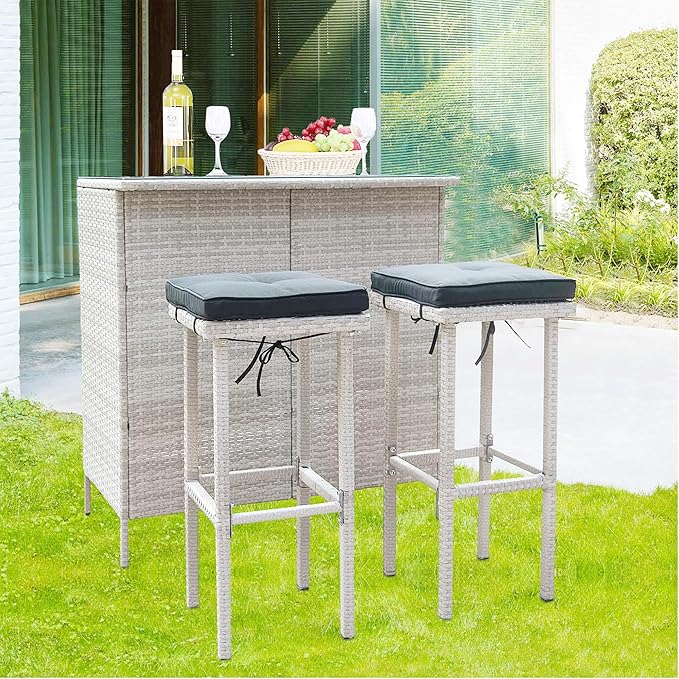 Wicker Patio Bar Set of 3-Piece, Rattan Bistro Set with stools and Coffee Table, Patio Bar Table and Chairs for Backyard, Porches or Poolside