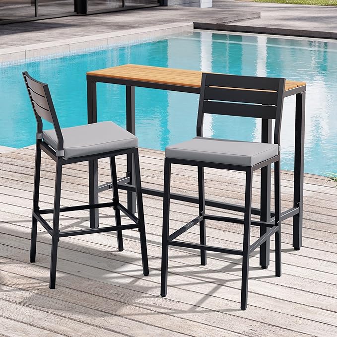 Crestlive Products Outdoor Bar Table and Chairs Set, 3 Piece Outside Patio Bar Set with 43" Long Bar Table and 2 Bar Stools for Balcony, Bistro, Garden, Backyard(Brown Desktop and Light Gray Cushion)