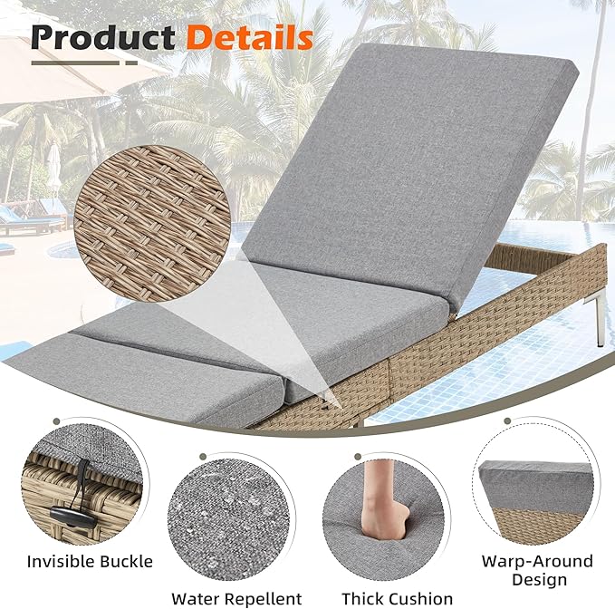 HOMREST Outdoor Chaise Lounge Chair Set of 2, Rattan Pool Sunbathing Recliner with Adjustable Backrest, Patio Wicker Lounge Chairs with Removable Cushion (Grey)