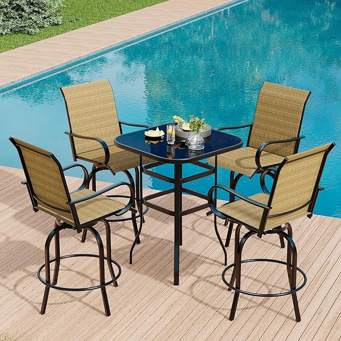 5 Piece Outdoor High Top Bar Set, 5 Pieces Outdoor Swivel Bar Set with 4 Swivel Chairs and Glass Top Table, All Weather Textile Fabric Outdoor Bar Height Chairs and Table Set of 5 for Deck, Backyard