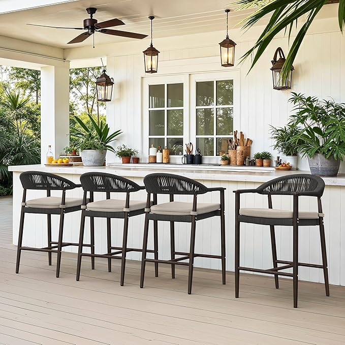 Bar Stools Set of 4, 24.8'' Aluminum Outdoor Bar Stool with Removable Cushion, Boho Rattan BarStools, Olefin Rope Woven Bar Chairs with Footrest for Patio, Garden, Pool, Kitchen, Black