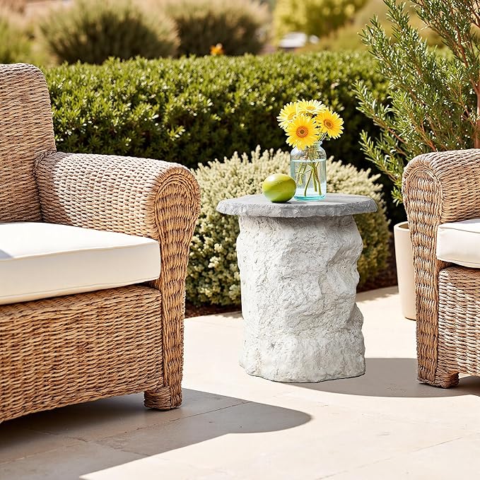 LuxenHome 18.7" Outdoor Side Tables for Patio, Off White Outdoor Accent Table, MgO Patio Side Table for Porch, Poolside, Backyard, Small Concrete End Tables for Outside, Drum Table, Plant Stand