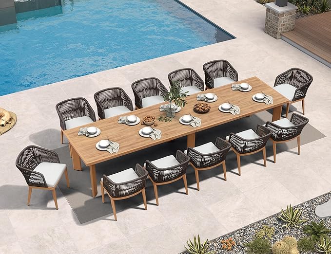 PURPLE LEAF 13 Pieces Outdoor Dining Set Patio Table and Chairs Set Aluminum Rattan Wicker Patio Furniture Set for Lawn Porch Deck Teak