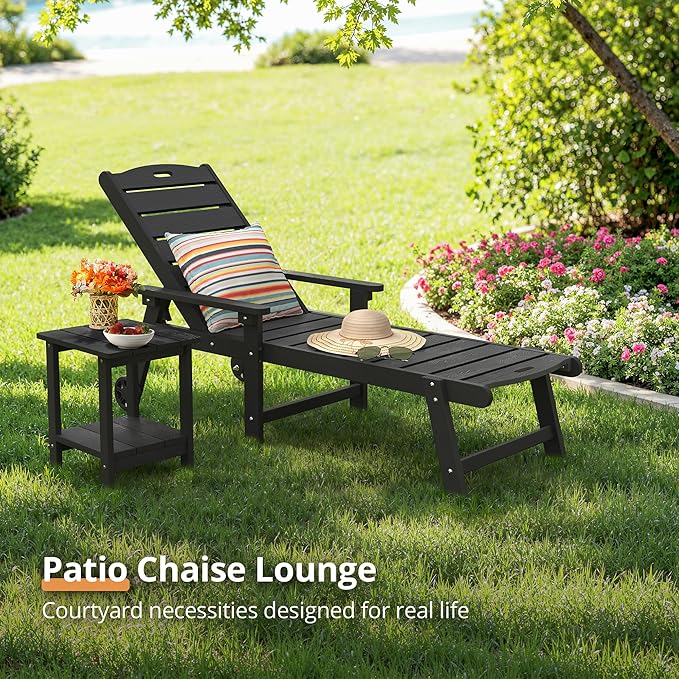 LUE BONA Outdoor Chaise Lounge Chairs Set of 2, HDPS Lounge Chair, 5 Positions Adjustable Pool Lounge Chairs, Patio Furniture Sets with Wheels for Poolside, Hotel, Restaurant, 3 Year Warranty, Black