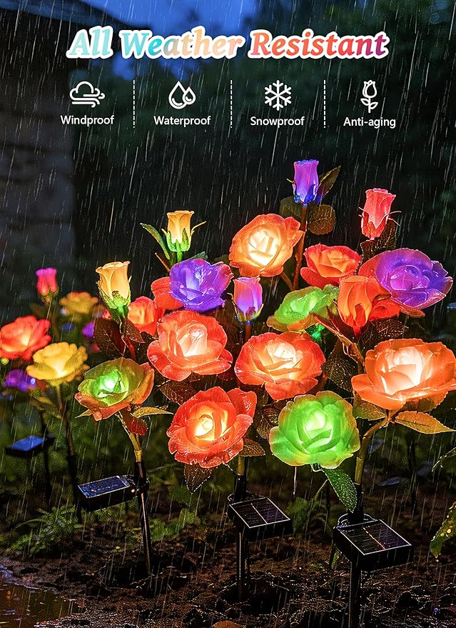 Brightown Outdoor Solar Flower Lights, 4 Pack 7-Color Changing Solar Garden Lights with Larger & More Realistic Rose, Bigger Solar Panel, Waterproof Solar Lights for Yard Garden Lawn Pathway Decor