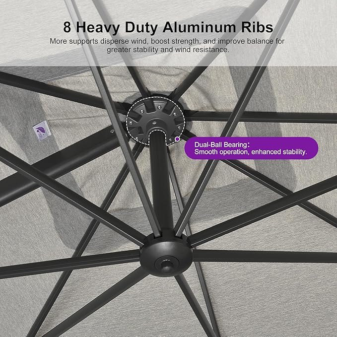 PURPLE LEAF Patio Umbrella 8' X 8' Rectangle Cantilever Umbrella Large Aluminum Outdoor Umbrellas with 360-degree Rotation & UPF40+ Premium Fabric for Deck Pool Garden Yard, Pebble Grey