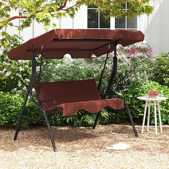 Porch Swing Outdoor, 3 Person Patio Swing w/Removable Cushion, Stand & Adjustable Canopy, Heavy Duty Swing Chair for Patio, Garden, Courtyard, Poolside
