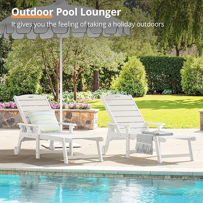 LUE BONA Chaise Lounge Chair with Table, 2-Piece, HDPS Chaise Lounger, 5 Positions Adjustable Lounge Chairs, Pool Lounge Chair with Wheels for Poolside, Backyard, White