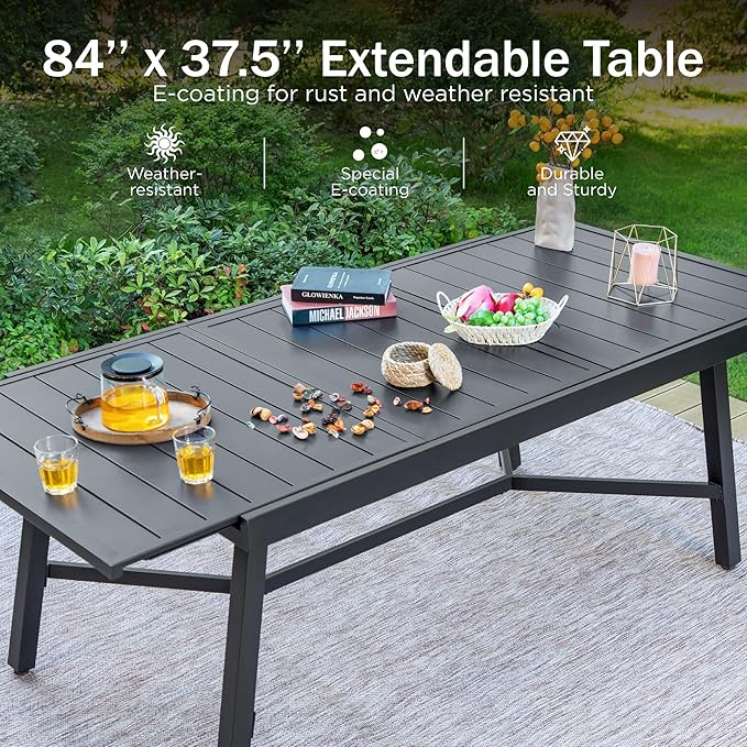 PHI VILLA 9 PCS Patio Dining Set, 8 Padded Swivel Dining Chair with Quick-Dry Cotton and 1 Extandable Metal Table,E-Coating for Rustproof for Outside, Poolside