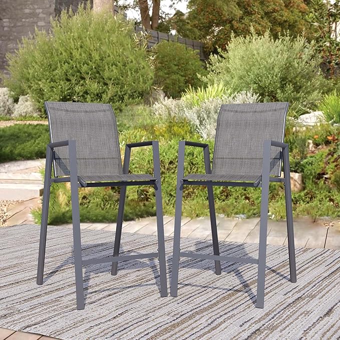 Outdoor Bar Stools Set of 2, 44'' Patio Bar Chairs with Textile High Back, Bar Height Chairs with Straight Armrest and Footrest, Grey