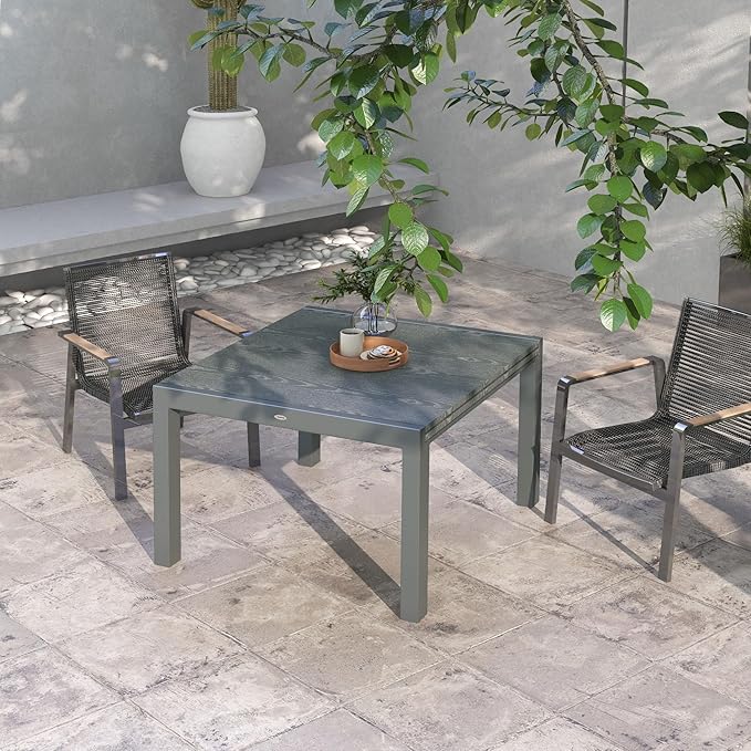 Outsunny Extendable Outdoor Dining Table, 41"- 83" Aluminum Frame Patio Table with Wood Effect Steel Top, Rectangle Expandable Patio Table for 6-8, Dark Gray