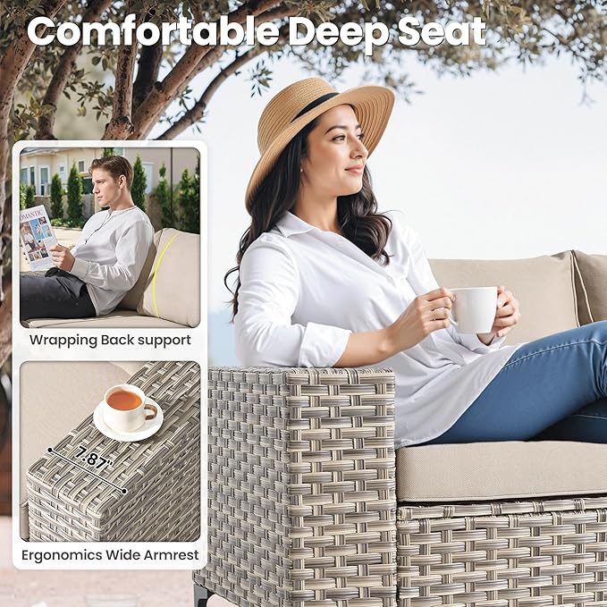 ovios 5-Piece Patio Furniture Set with L-Shape Sofa Chaise, Outdoor Sectional Couch Solar Table, Modern Modular Wicker Rattan Conversation Set, Beige