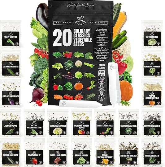 Vegetable Seeds Variety Pack – Tomato, Cucumber, Zucchini, Lettuce, Broccoli & Cabbage – 20 Varieties, 3900+ Non-GMO Heirloom Seeds, Indoor & Outdoor Garden