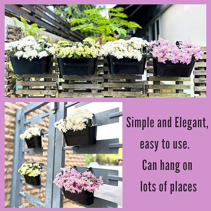 LaLaGreen Rail Planter Outdoor Plants(3 Pack, 11.8 Inch) Black Metal Iron Hanging Flower Pots Deck Railings Fence Buckets Modern Countryside Boho Style Wall Mount Window Box Plant Holder Porch Decor