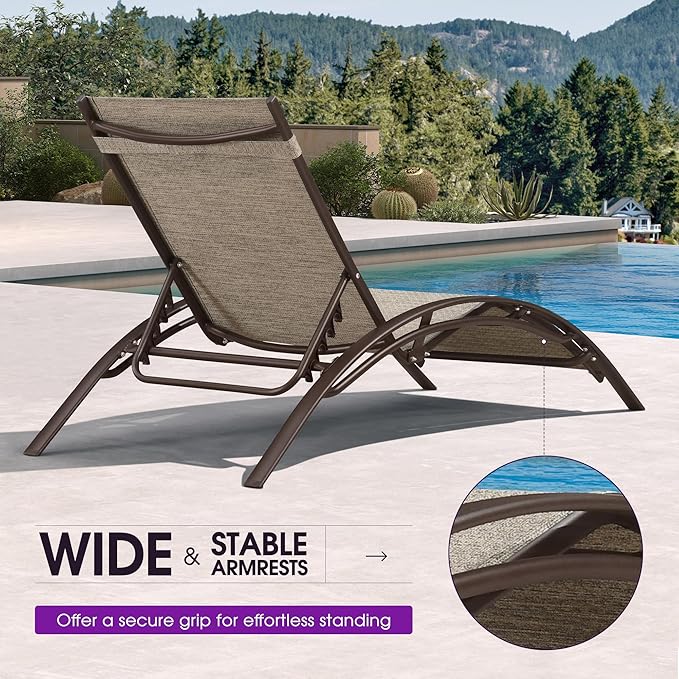 PURPLE LEAF Outdoor Oversized Chaise Lounge Chair Set of 3 Patio Pool Lounger Bronze Aluminum Chairs with Side Table Adjustable Tanning Recliner for Outside Backyard Yard Deck Beach Ivory Granite