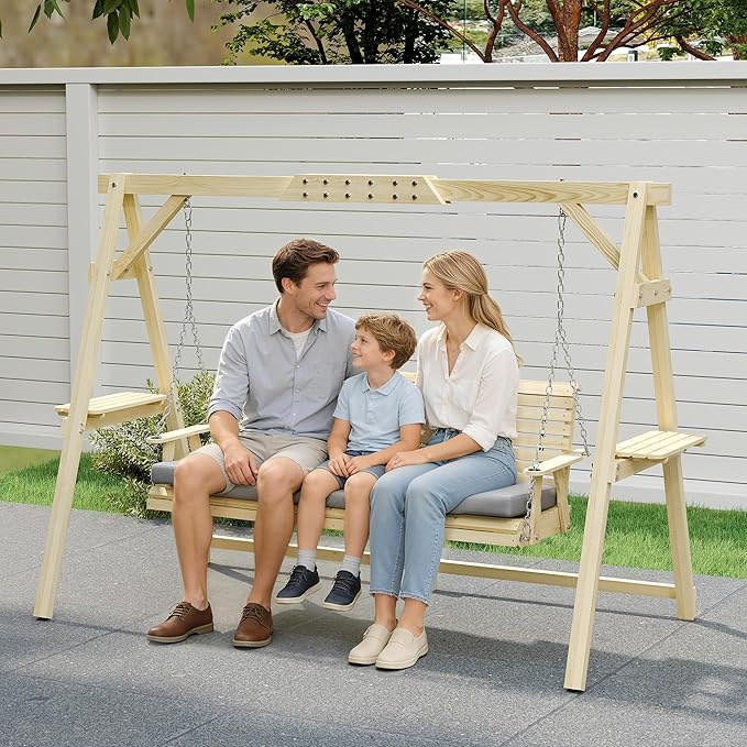 Outsunny 3 Seat Porch Swing with Stand, Wooden Patio Swing Chair with Cushion, Side Trays and Metal Chains, Outdoor Bench for Garden, Poolside, Backyard, Natural Wood