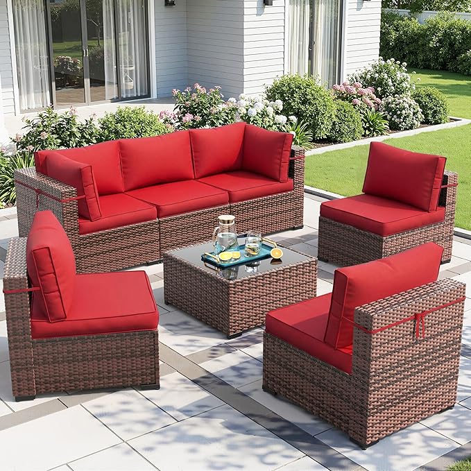Amopatio Patio Furniture Set 7 Pieces Patio Conversation Set Outdoor Sectional Wicker Rattan Sofa with All-Weather Cover, Patio Furniture with Pillows Fits Porch Garden Backyard Balcony(Red)