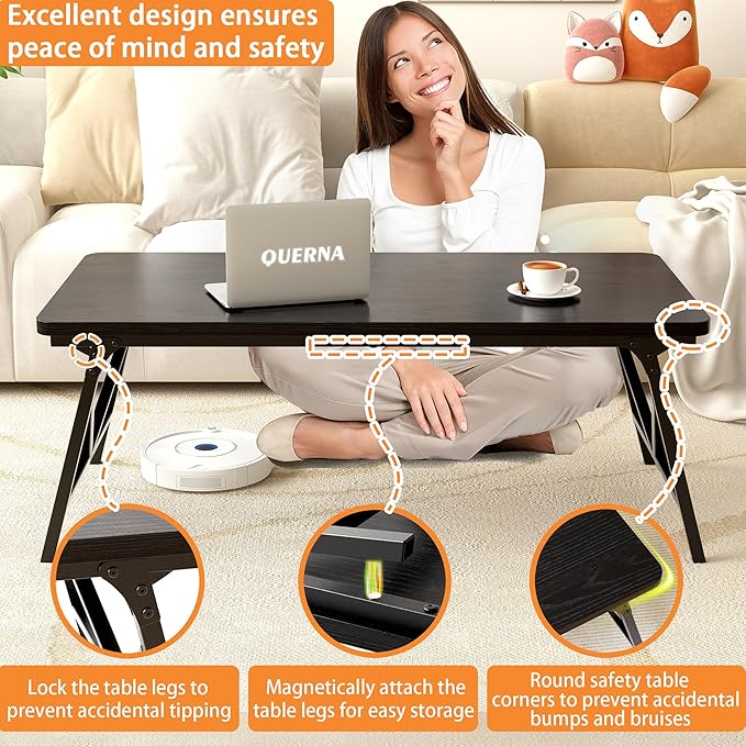 Folding Coffee Table, No Assembly Low Coffee Table, Floor Table Desk for Sitting on The Floor, Portable Floor Table for Living Room, Home, Caravan and use, 31.5L‘ x 15.8W’ x 15.8H’