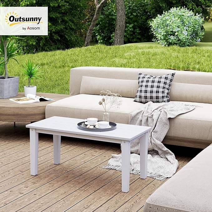 Outsunny HDPE Outdoor Coffee Table, All-Weather Rectangle Patio Coffee Table, Plastic Outdoor Patio Table with Slatted Tabletop for Garden, Balcony, Backyard, White