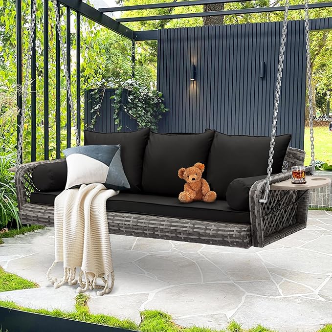 Outdoor Wicker Patio Porch Swing - 3 Person Swing Outdoor Hanging Porch Swing Seat Bench with Chains for Yard, Deck, Garden (Grey Rattan Black Cushion)
