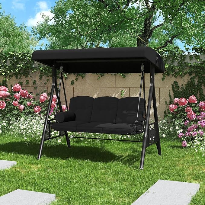 AECOJOY Outdoor Porch Swing, 3-Seat Porch Swing with Adjustable Canopy, Outdoor Swings for Adult with Black Removable Cushions for Backyard, Garden, Yard, Poolside, Balcony