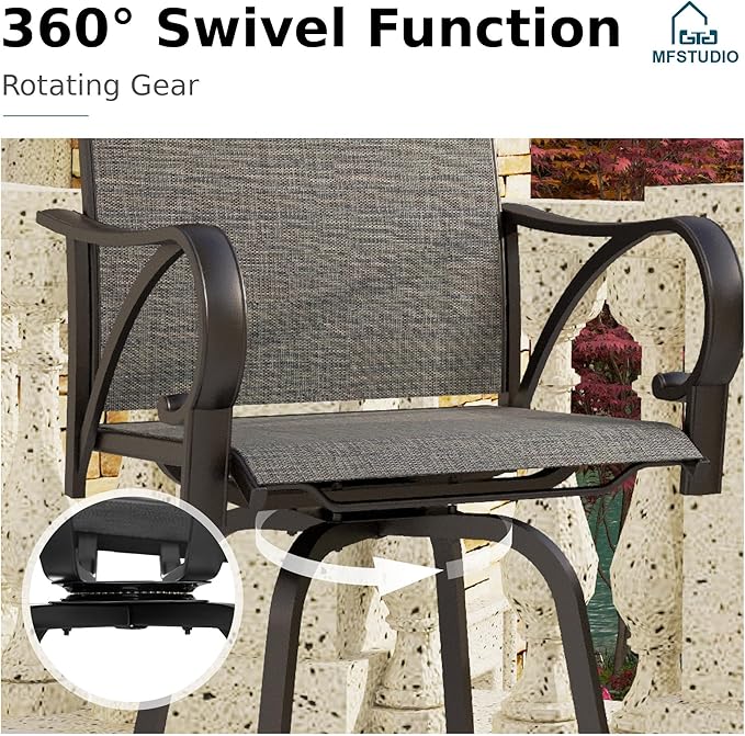 MFSTUDIO Outdoor Bar Stools Set of 4, Swivel Bar Height Patio Chairs Outdoor Barstools High Top Patio Swivel Bar Chairs with Armrest, Breathable Textilene, Grey