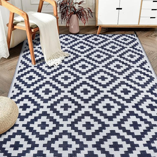 SAND MINE Reversible Mats, Plastic Straw Rug, Modern Area Rug, Large Floor Mat and Rug for Outdoors, RV, Patio, Backyard, Deck, Picnic, Beach, Trailer, Camping, Dark Blue & White, 6' x 9'