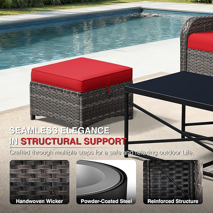 Joyside Outdoor Ottoman Set of 2, Patio Large Ottoman Foot Rest with Thickened Cushions, Outdoor Wicker Foot Stool for Porch, Deck Use