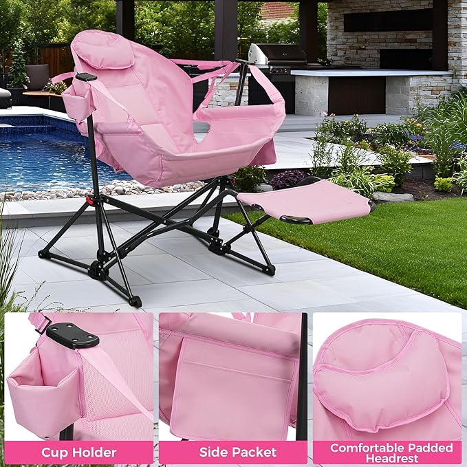Ainfox Hammock Chair with Footrest, Oversized Swinging Portable Folding Camping Chairs for Adults Outside Swinging Camp with Cup Holder Pillow for Outdoor Patio Lawn Pink