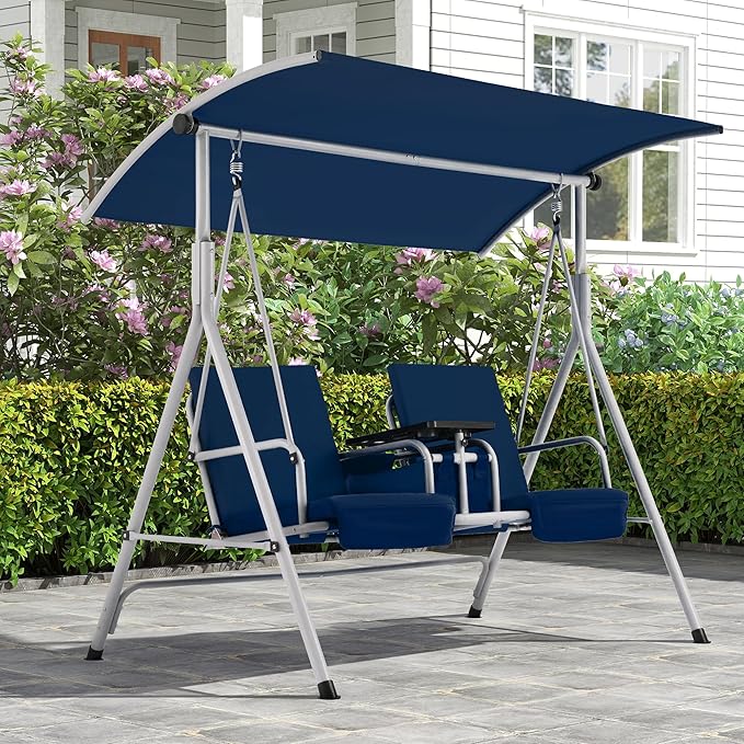 HOMREST 2 Seat Outdoor Porch Swing,Patio Swing with Adjustable Canopy,Heavy Duty 650 LBS Outdoor Swing with Pivot Storage Table & 2 Cup Holders & Cushions for Yard, Lawn, Backyard (Blue)