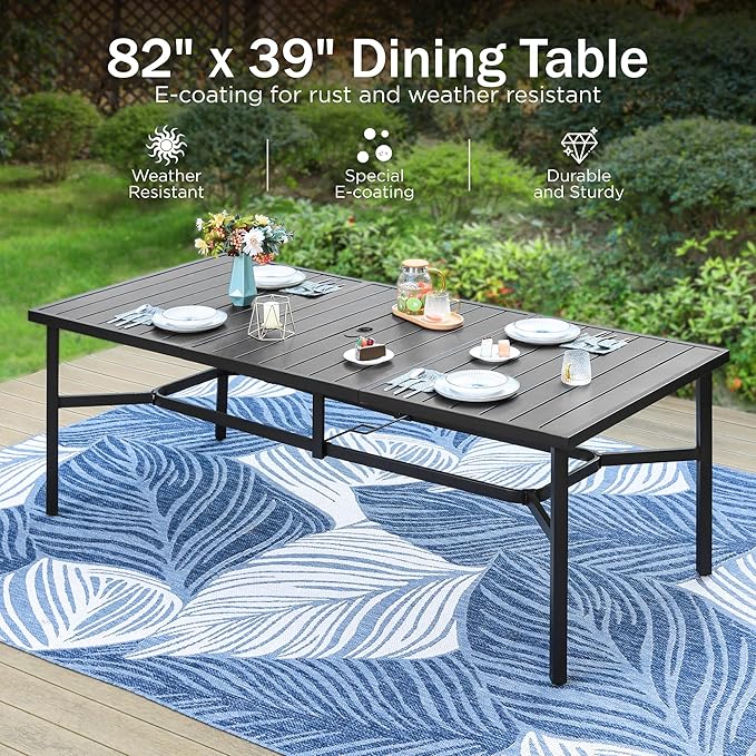 PHI VILLA 9 Pieces Outdoor Dining Set for 8, 83" Long Rectangle Wrought Iron Table with Umbrella Hole & Cushioned Wicker Chairs, Large Furniture for Patio, Deck, Backyard, Porch