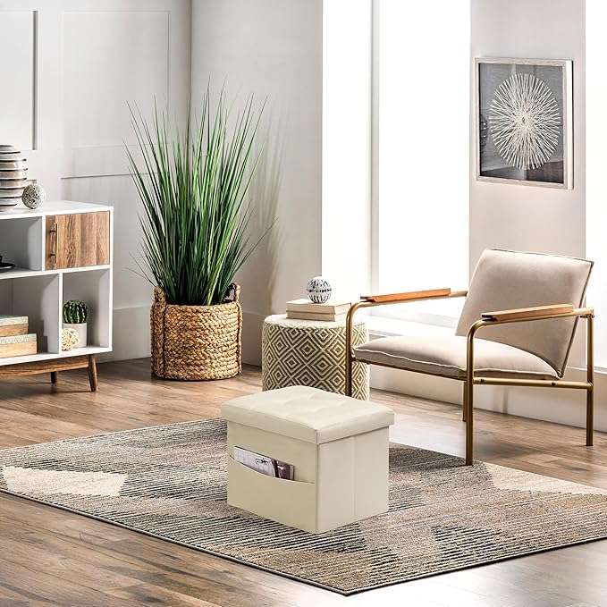 AmasSmile Storage Ottoman Folding Foot Rest Stool with Side Pocket, 16 inches Leather Footstool Bench, Short Ottoman Bench, Storage Foot Rest Store, Books, Beige