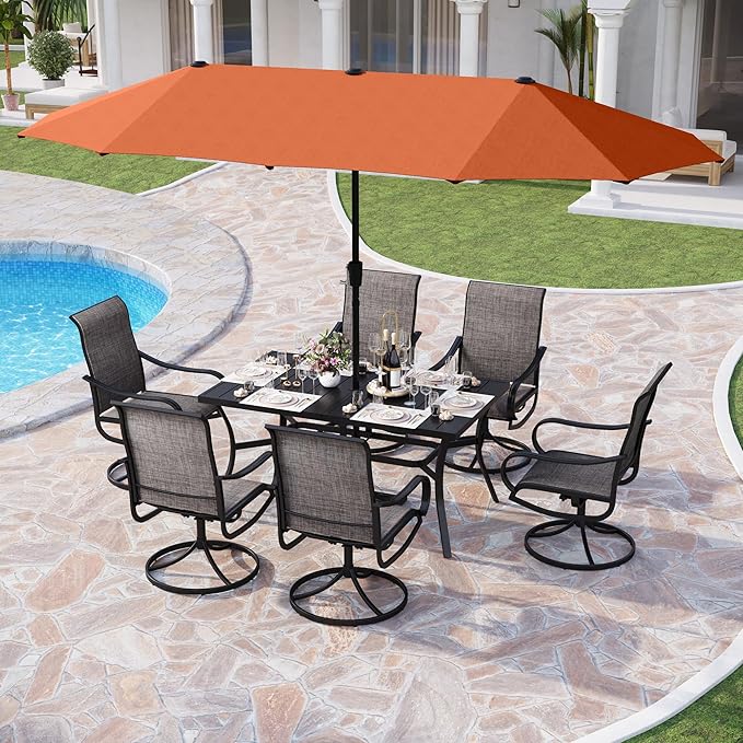 PHI VILLA 8 Piece Outdoor Furniture Patio Dining Set, 6 Swivel Textilene Fabric Dining Chairs & 1 Large Metal Table with 13ft Patio Umbrella (Red) for Garden Backyard Poolside Deck