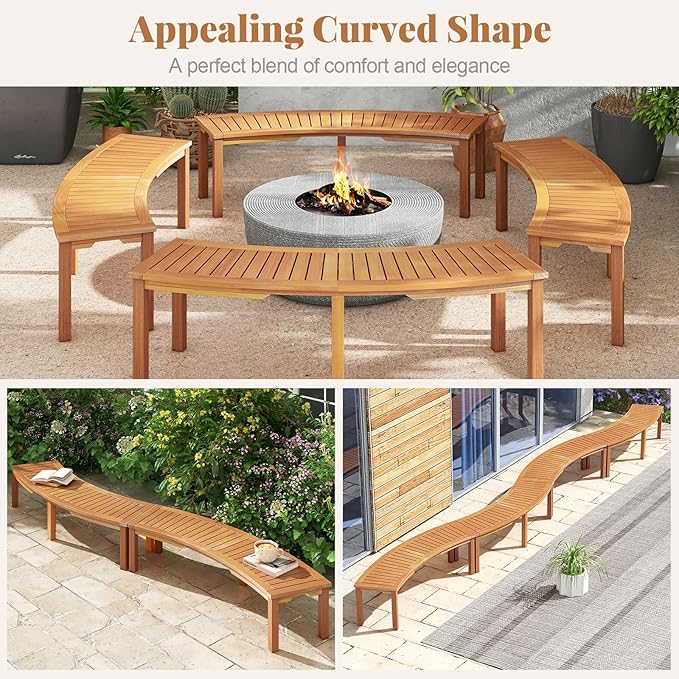 Tangkula Outdoor Curved Bench, Acacia Wood Fire Pit Bench w/Slatted Seat, Patio Backless 2-Person Seating for Porch, Yard, Garden, 800 LBS Max Load, Oil Painted (4, 58")