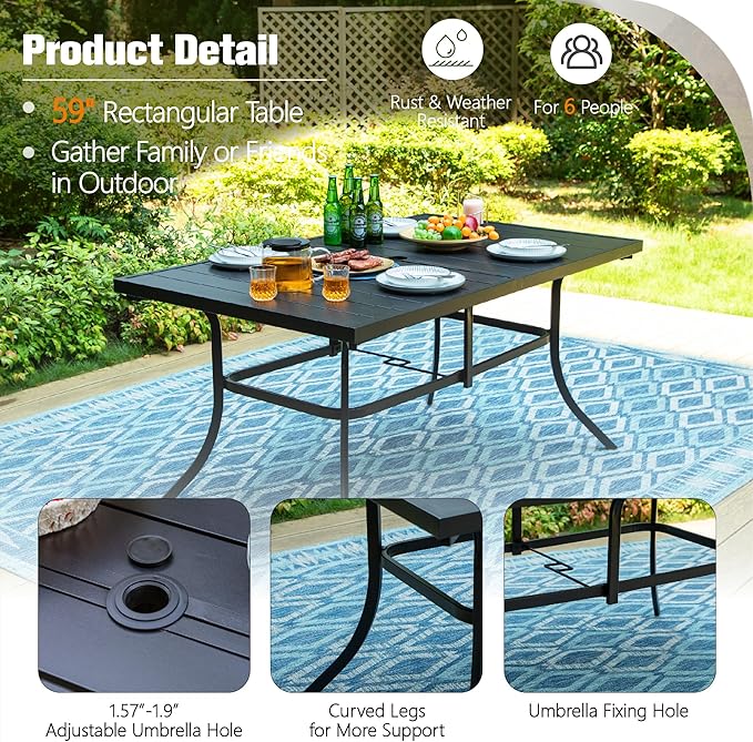 Sophia & William Outdoor Patio Table for 6 People, Rectangular Metal Patio Outdoor Dining Table, Black Steel Slatted Weather-Resistant Table with 1.57" Adjustable Umbrella Hole, L59 * W36 * H28