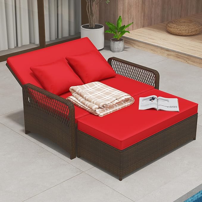 RELAX4LIFE Wicker Patio Outdoor Daybed - Rattan Sunbed Loveseat Sofa Set w/4-Level Adjustable Back, Cushions & Pillows, Storage Ottoman, 2-Person Bed Lounger for Backyard Porch, Patio Daybed (Red)