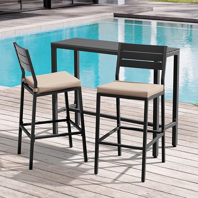 Crestlive Products Outdoor Bar Table and Chairs Set, 3 Piece Outside Patio Bar Set with 43" Long Bar Table and 2 Bar Stools for Balcony, Bistro, Garden, Backyard(Black Desktop and Beige Cushion)