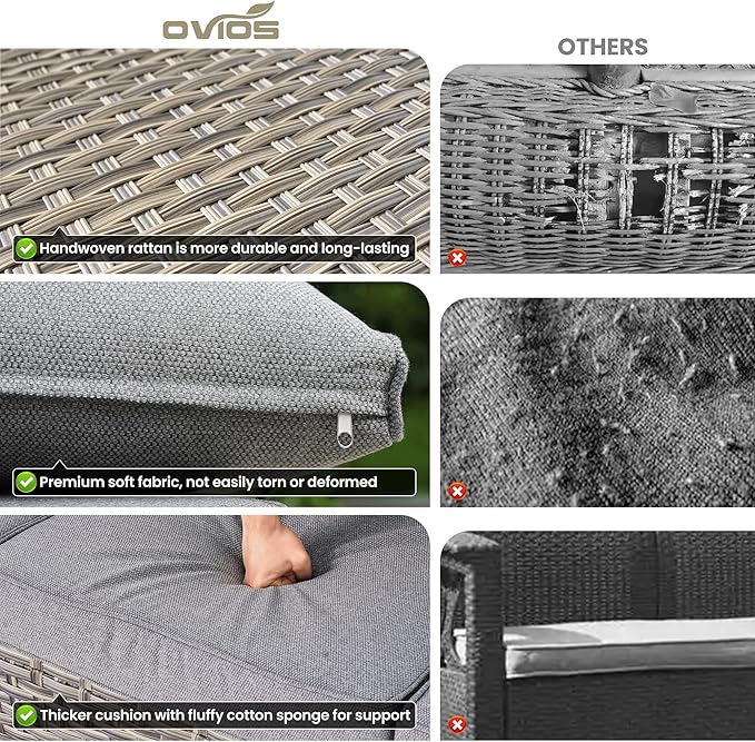 ovios 8-Piece Patio Furniture Set with L-Shape Sofa Chaise, Outdoor Sectional Couch Swivel Gliders Fire Pit Table, Modern Modular Wicker Rattan Conversation Set, Dark Grey