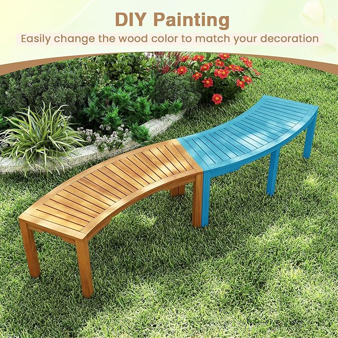 Tangkula Outdoor Curved Bench, Acacia Wood Fire Pit Bench w/Slatted Seat, Patio Backless 2-Person Seating for Porch, Yard, Garden, 800 LBS Max Load, Oil Painted (4, 45")